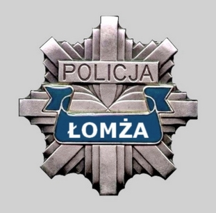 Grafika kolorowa z uwidocznioną szarą gwiazdą z napisem Policja Łomża.