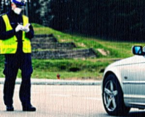 Policjant stojący przed samochodem z notatnikiem w dłoniach.... Policjant ma maseczkę i rękawiczki i kamizelkę odblaskową