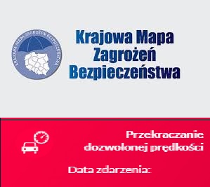 Logo i napis Krajowa Mapa Zagrożeń Bezpieczeństwa. Pod spodem ikona zgłoszenia z napisem przekraczanie dozwolonej prędkości.