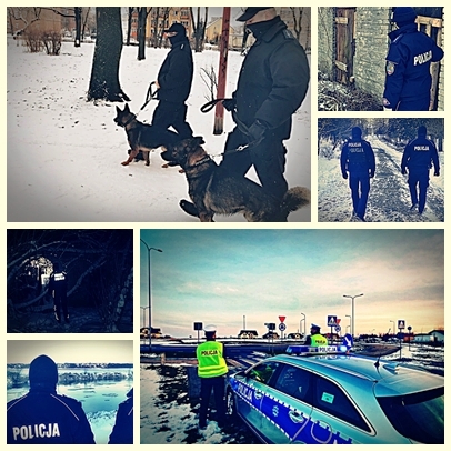 Kolaż sześciu zdjęć, na których widać policjantów podczas wykonywania służbowych obowiązków. Zdjęcia są wykonane w zimowej aurze.
