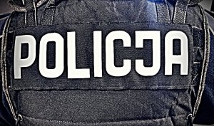 Plecy policjanta w kamizelce taktycznej z widocznym napisem POLICJA