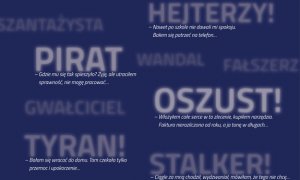 Niebieska plansza z białymi napisami: PIRAT, OSZUST, TYRAN. Plakat Tygodnia Pomocy Ofiarom Pokrzywdzonym Przestępstwem