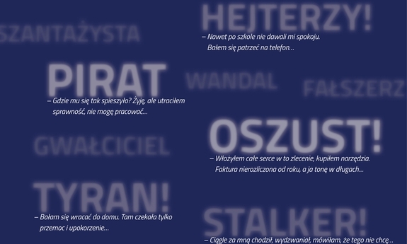 Niebieska plansza z białymi napisami: PIRAT, OSZUST, TYRAN. Plakat Tygodnia Pomocy Ofiarom Pokrzywdzonym Przestępstwem