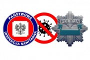 Trzy koła: logo sanepidu, przekreślony znak wirusa, logo polskiej policji