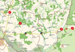 Zrzut ekranu z Krajowej Mapy Zagrożeń Bezpieczeństwa z zaznaczonymi ikonami dzikich zwierząt na drodze