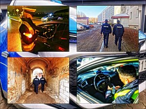 Kolaż pięciu zdjęć z policjantami w trakcie służby