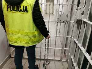 Policjant w ubraniu cywilnym z kamizelką odblaskową z napisem policja trzyma zespolone kajdanki. W tle policyjna krata i korytarz w pomieszczeniu dla osób zatrzymanych.