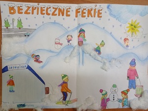Praca plastyczna, która wygrała konkurs przedstawiająca zabawę dzieci na świeżym powietrzu w zimę.