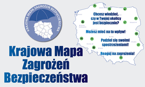 Napis Krajowa Mapa Zagrożeń Bezpieczeństwa i kontur mapy Polski