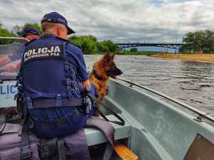 Policjant z psem służbowym płyną łódką